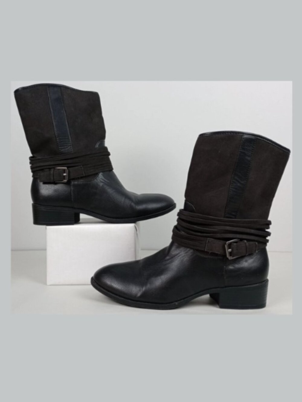 Chaps Gari Women 8B Black Mid Calf Zip Up Faux Leather Strappy Buckle Boots